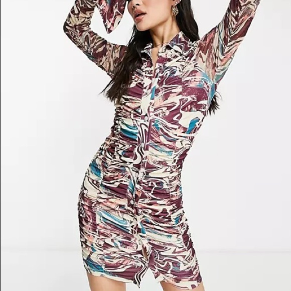 ASOS NWOT FASHIONKILLA
Long Sleeve Button, Ruched Detail Mini Dress - Multicolor